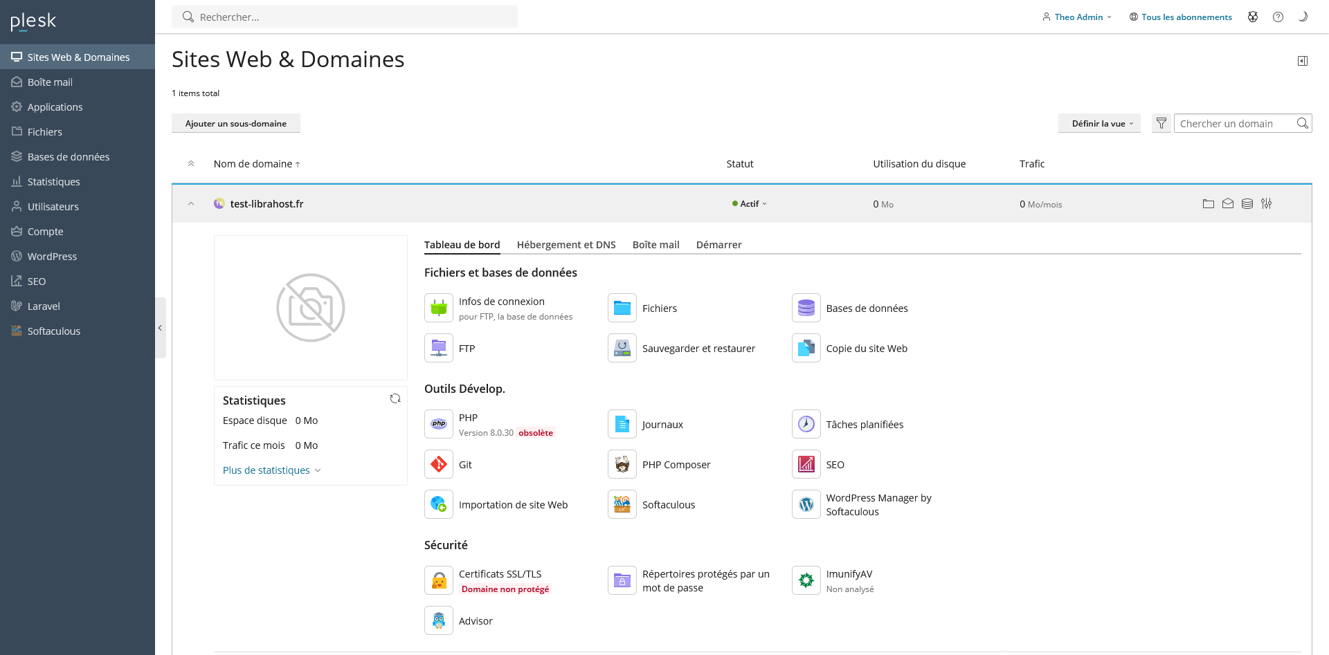 Screenshot of the Plesk panel
